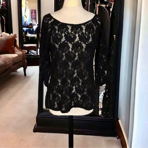 Boho Black Floral Lace Joe Fresh Sheer Layering Top - Size Medium EUC - Picture 2 of 16